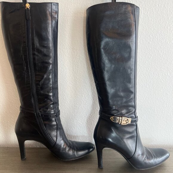 Gucci Black Leather Knee-High Boots with Gold Buckle – Size 7.5B - Picture 1 of 13